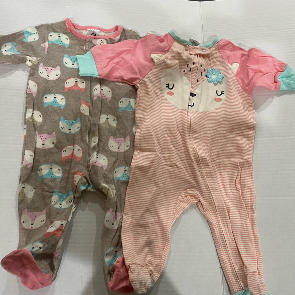Gerber set of 2 baby footed pajamas with fox design with zipper size 0/3